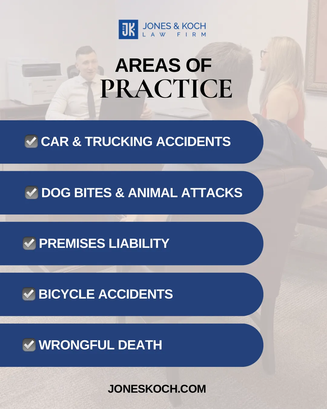 Social graphic listing a law firm's practice areas